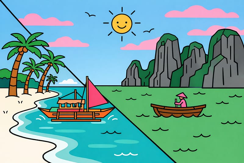 A vibrant comparison illustration showing a a beautiful Philippine beach on one side and the iconic limestone karsts of Vietnam on the other.