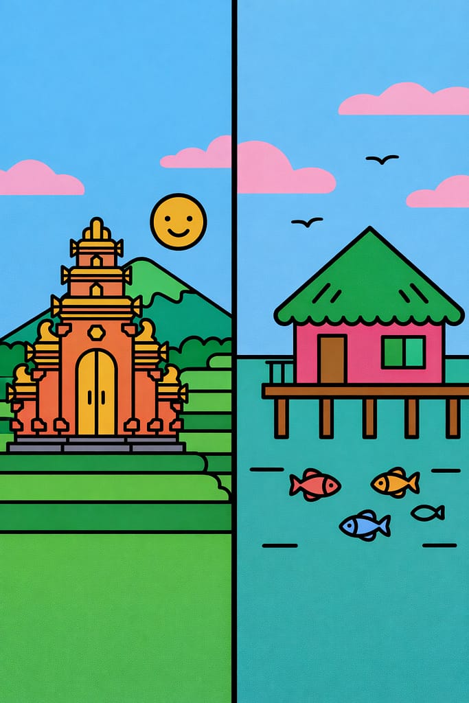 A split vector illustration comparing Bali, with its temples and rice terraces, to the Maldives, with its iconic overwater bungalows, to decide which is best.
