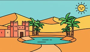 A vibrant 2D vector illustration of a hidden desert oasis village, showing a path leading to palm trees and ancient buildings under a smiling sun.