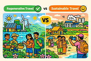A split illustration comparing sustainable travel (maintaining) and regenerative travel (improving) a destination.