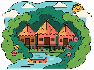 A 2D vector illustration of a hidden jungle village with thatched huts on stilts, surrounded by lush tropical rainforest and a gentle river.