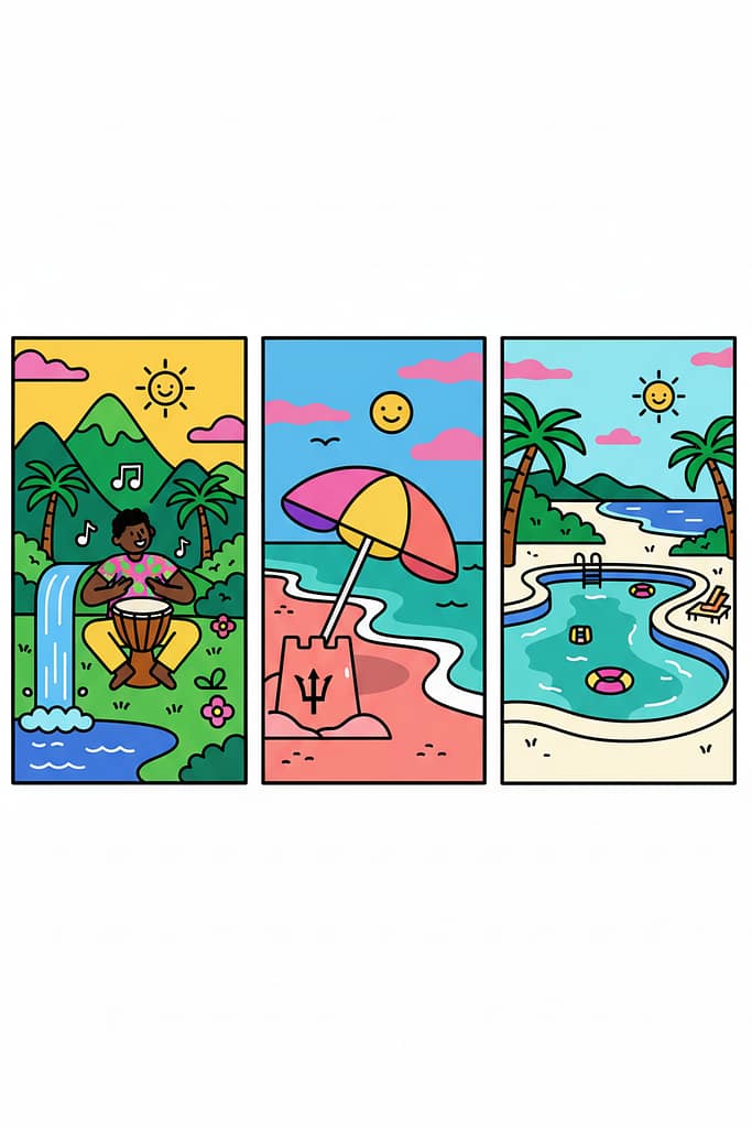 A flat vector illustration comparing three Caribbean islands: Jamaica with mountains and music, Barbados with a luxury beach, and the Dominican Republic with a resort pool.