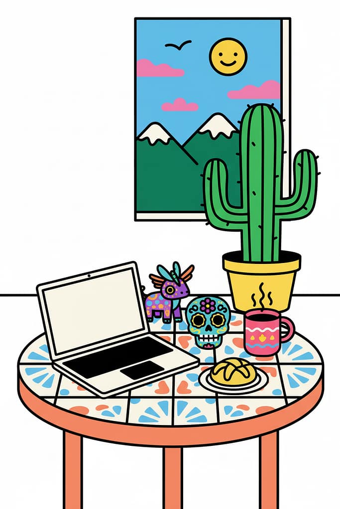 A colorful flat vector illustration of a digital nomad workspace in Mexico, with a laptop, coffee, and cultural icons on a tiled table.