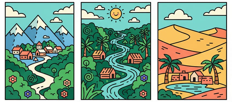 A colorful vector illustration showing hidden villages in the mountains, jungle, and desert, representing off-the-map travel escapes.