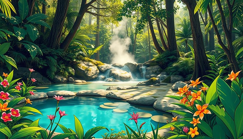 A serene natural setting showcasing healing thermal waters nestled within a lush green forest. In the foreground, vibrant tropical plants and flowers bloom around one of the crystal-clear thermal pools, inviting and warm. In the middle ground, gently steaming water flows from a rocky outcrop, surrounded by moss-covered stones. In the background, tall trees with dappled sunlight filtering through their leaf canopy create an atmosphere of tranquility and rejuvenation. The scene should be depicted in a flat bold cartoon outlined travel style, emphasizing tropical colors, without shadows or gradients. The mood is peaceful and revitalizing, evoking a sense of wellness and connection to nature. A serene natural setting showcasing healing thermal waters nestled within a lush green forest. In the foreground, vibrant tropical plants and flowers bloom around one of the crystal-clear thermal pools, inviting and warm. In the middle ground, gently steaming water flows from a rocky outcrop, surrounded by moss-covered stones. In the background, tall trees with dappled sunlight filtering through their leaf canopy create an atmosphere of tranquility and rejuvenation. The scene should be depicted in a flat bold cartoon outlined travel style, emphasizing tropical colors, without shadows or gradients. The mood is peaceful and revitalizing, evoking a sense of wellness and connection to nature.