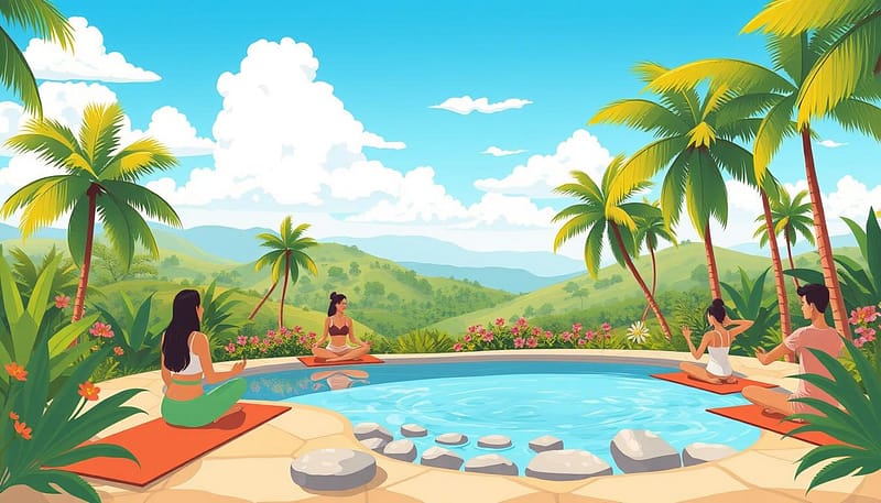 A serene wellness retreat setting depicted in a flat bold cartoon outlined style, showcasing a tranquil tropical landscape. In the foreground, a small group of diverse individuals in modest casual clothing engages in mindfulness activities such as meditation and gentle stretching on yoga mats. The middle ground features lush palm trees, vibrant flowers, and a sparkling natural pool surrounded by smooth stones, inviting relaxation. In the background, softly rolling hills meet a clear blue sky, with fluffy white clouds drifting lazily above. The scene is bathed in warm, inviting tropical colors, evoking a sense of peace and rejuvenation. The lighting is bright and cheerful, creating an uplifting atmosphere, ideal for wellness travel beyond typical yoga experiences. A serene wellness retreat setting depicted in a flat bold cartoon outlined style, showcasing a tranquil tropical landscape. In the foreground, a small group of diverse individuals in modest casual clothing engages in mindfulness activities such as meditation and gentle stretching on yoga mats. The middle ground features lush palm trees, vibrant flowers, and a sparkling natural pool surrounded by smooth stones, inviting relaxation. In the background, softly rolling hills meet a clear blue sky, with fluffy white clouds drifting lazily above. The scene is bathed in warm, inviting tropical colors, evoking a sense of peace and rejuvenation. The lighting is bright and cheerful, creating an uplifting atmosphere, ideal for wellness travel beyond typical yoga experiences.