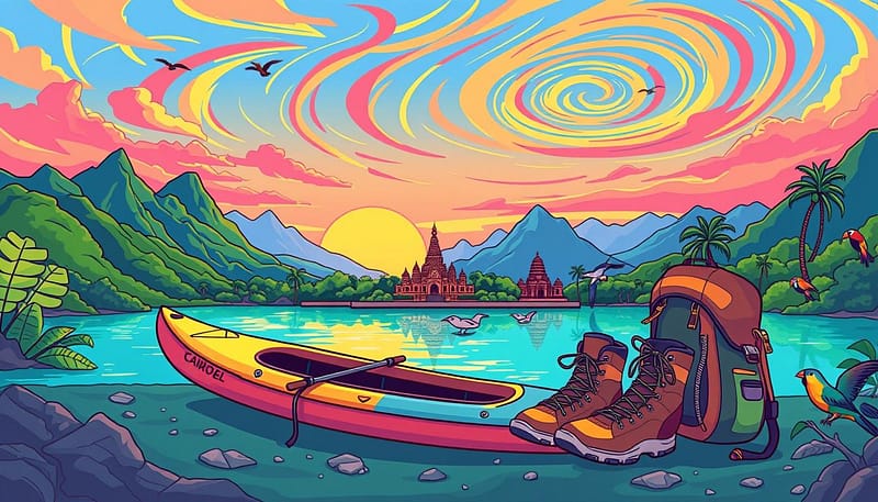 A stunning flat bold cartoon outlined travel scene showcasing remote destinations around the world. In the foreground, depicted are unique outdoor adventure elements like a vibrant kayak, hiking boots, and a backpack. The middle layer features diverse landscapes: lush green mountains, serene turquoise lagoons, and exotic wildlife such as colorful tropical birds. In the background, capture distant hidden temples and a swirling sky filled with warm tropical colors of sunset. The overall atmosphere should convey a sense of wonder and excitement, inviting viewers to explore these extraordinary locations. The lighting is bright and cheerful, enhancing the vivid colors, with no shadows or gradients, creating a bold and captivating visual. No text or watermarks included. A stunning flat bold cartoon outlined travel scene showcasing remote destinations around the world. In the foreground, depicted are unique outdoor adventure elements like a vibrant kayak, hiking boots, and a backpack. The middle layer features diverse landscapes: lush green mountains, serene turquoise lagoons, and exotic wildlife such as colorful tropical birds. In the background, capture distant hidden temples and a swirling sky filled with warm tropical colors of sunset. The overall atmosphere should convey a sense of wonder and excitement, inviting viewers to explore these extraordinary locations. The lighting is bright and cheerful, enhancing the vivid colors, with no shadows or gradients, creating a bold and captivating visual. No text or watermarks included.