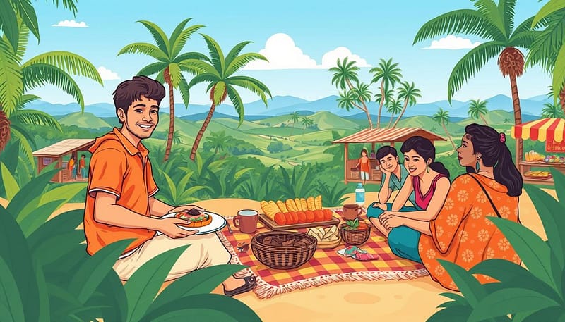 A vibrant and inviting scene depicting sustainable travel experiences, featuring a diverse group of local people engaging with adventurous travelers in a tropical setting. In the foreground, a smiling local guide in modest casual clothing shares insights about traditional cuisine with travelers seated around a colorful picnic setup. The middle ground features lush greenery and quaint local stalls selling handcrafted goods. In the background, a picturesque landscape of rolling hills and a clear blue sky captures the essence of exploration. The atmosphere is warm and welcoming, enhanced by bright tropical colors. Use a flat bold cartoon outlined style, with no shadows or gradients, emphasizing simplicity and playfulness, to reflect the joy of unique adventures. A vibrant and inviting scene depicting sustainable travel experiences, featuring a diverse group of local people engaging with adventurous travelers in a tropical setting. In the foreground, a smiling local guide in modest casual clothing shares insights about traditional cuisine with travelers seated around a colorful picnic setup. The middle ground features lush greenery and quaint local stalls selling handcrafted goods. In the background, a picturesque landscape of rolling hills and a clear blue sky captures the essence of exploration. The atmosphere is warm and welcoming, enhanced by bright tropical colors. Use a flat bold cartoon outlined style, with no shadows or gradients, emphasizing simplicity and playfulness, to reflect the joy of unique adventures.