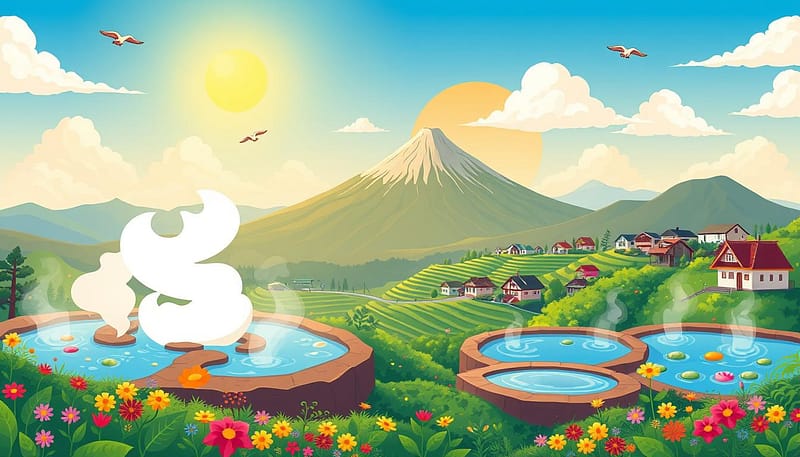 Colorful flat travel illustration depicting Kyushu's volcanic landscapes, showcasing a majestic volcano in the background with gentle billowing smoke. In the foreground, vibrant hot springs with steaming water surrounded by lush greenery and colorful flowers, inviting a sense of tranquility and warmth. The middle ground features terraced hills and quaint rural houses, giving a sense of scale and life to the scene. The sky is bright blue with fluffy white clouds, illuminated by the warm glow of a golden sun. The entire image has bold outlines and simple shapes, creating a cheerful, sunny atmosphere. Cute details like birds in the sky and butterflies add charm. This illustration is crafted for "TripMuse by TripMerge". Colorful flat travel illustration depicting Kyushu's volcanic landscapes, showcasing a majestic volcano in the background with gentle billowing smoke. In the foreground, vibrant hot springs with steaming water surrounded by lush greenery and colorful flowers, inviting a sense of tranquility and warmth. The middle ground features terraced hills and quaint rural houses, giving a sense of scale and life to the scene. The sky is bright blue with fluffy white clouds, illuminated by the warm glow of a golden sun. The entire image has bold outlines and simple shapes, creating a cheerful, sunny atmosphere. Cute details like birds in the sky and butterflies add charm. This illustration is crafted for "TripMuse by TripMerge".