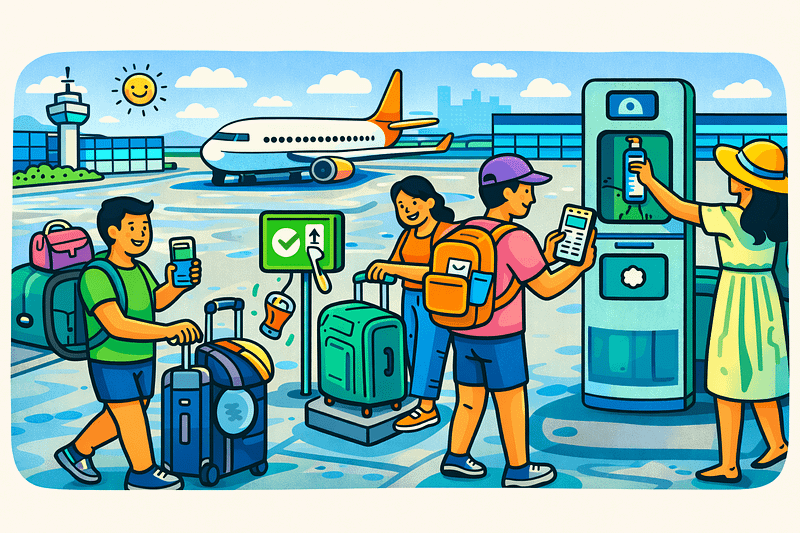 A traveler calmly walks through a busy airport, illustrating the use of airport hacks to skip stress.