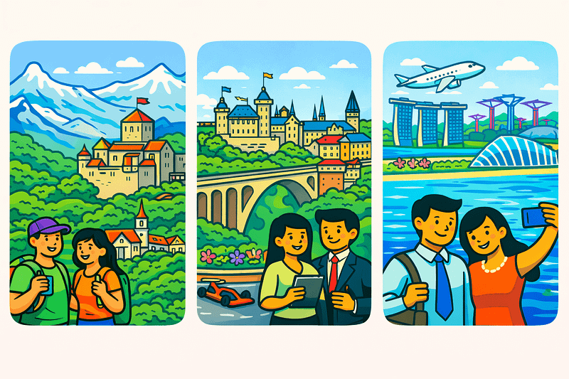 A vector illustration showing a map with Liechtenstein, Luxembourg, and Singapore highlighted, symbolizing their economic riches through finance and trade.