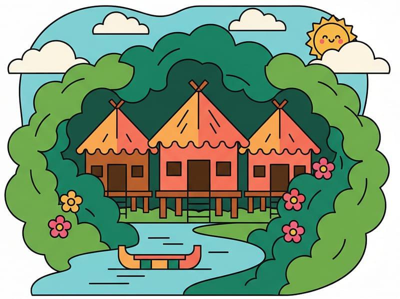 A 2D vector illustration of a hidden jungle village with thatched huts on stilts, surrounded by lush tropical rainforest and a gentle river.