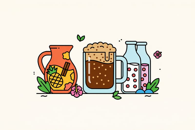A colorful vector illustration of fermented beverages, including kvass, tepache, and kefir, arranged in a friendly, cartoon style.