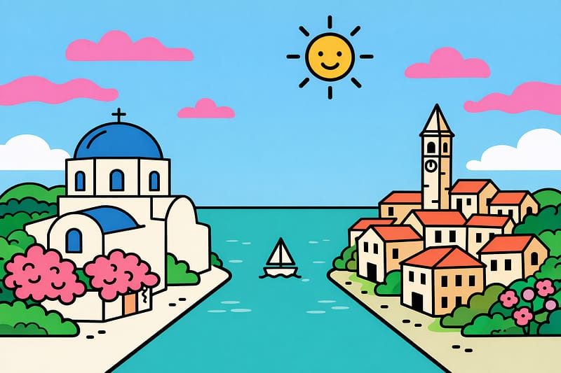 A split-screen illustration comparing a Greek island with white buildings and a Croatian town with terracotta roofs, representing a Mediterranean travel choice.