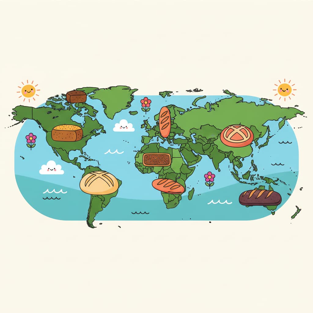 A colorful world map showing 7 different types of sourdough bread in their countries of origin, in a flat vector art style.
