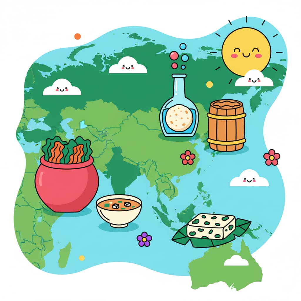 A flat vector illustration of fermentation traditions across Asia, showing kimchi, kombucha, miso soup, and tempeh on a stylized map.