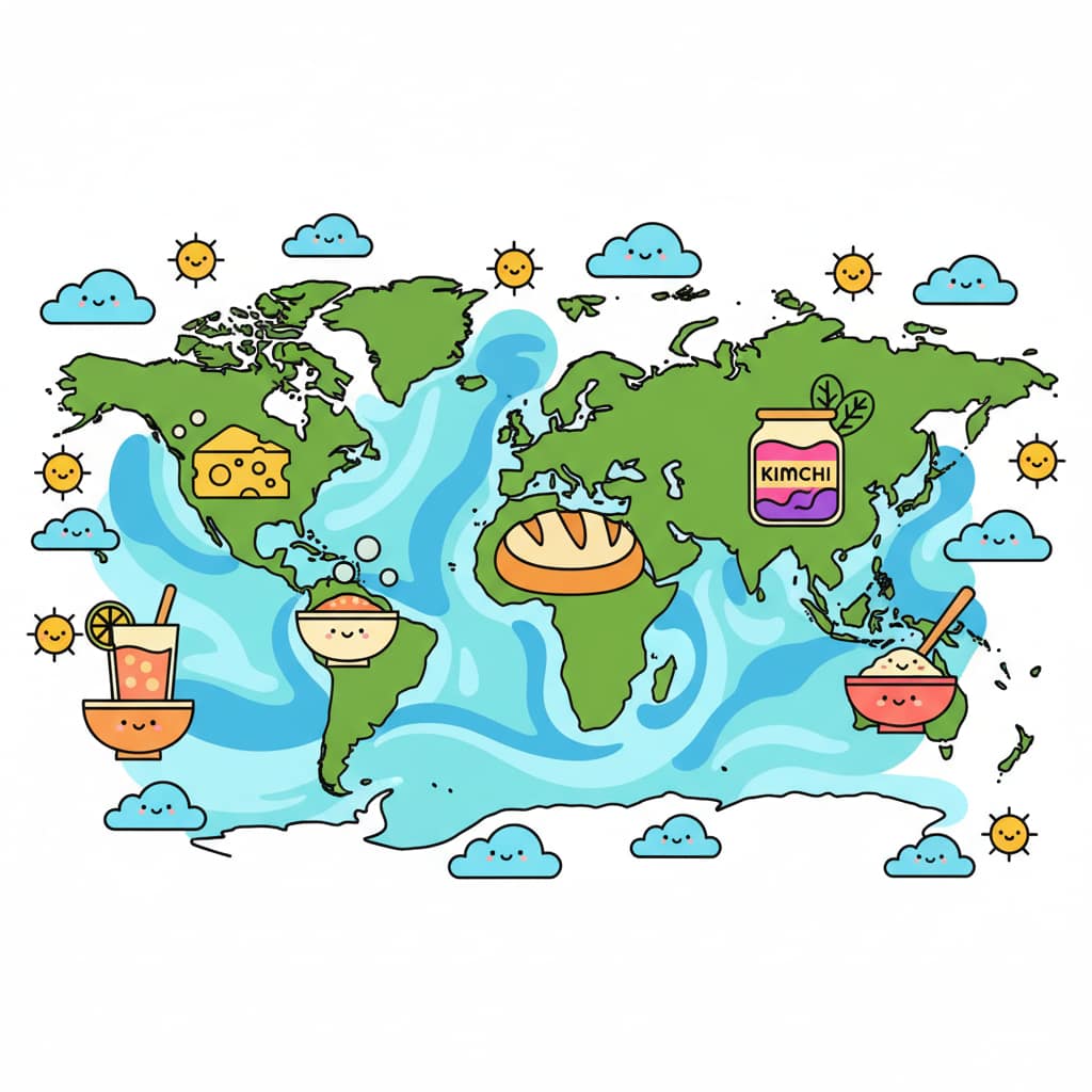 A world map illustrated in a flat vector style, showing different continents with icons of fermented foods like cheese, sourdough, kimchi, and miso.