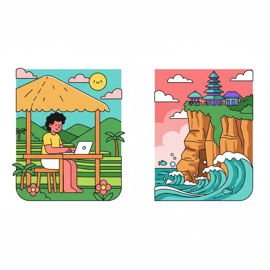 An illustration showing the digital nomad lifestyle in Bali, with a person working on a laptop overlooking rice paddies and a view of a temple on a cliff.