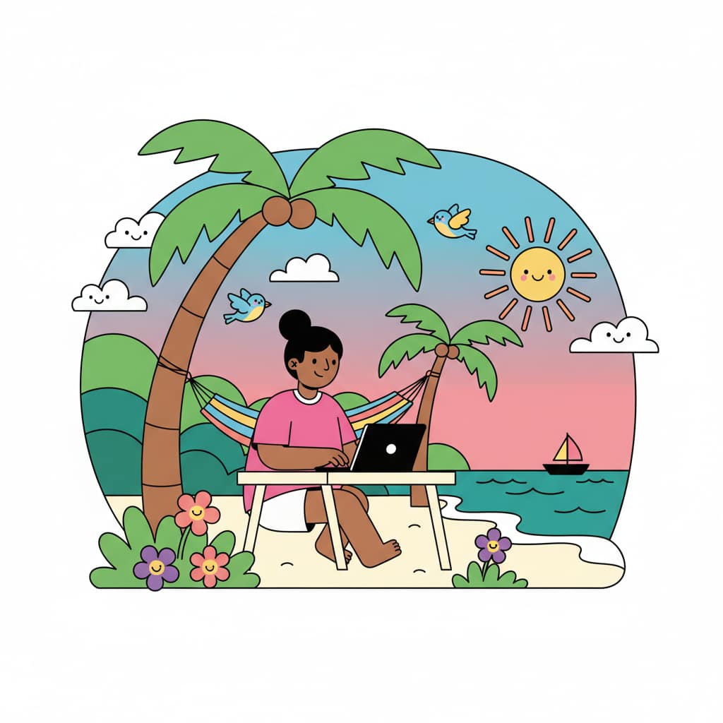 A vector illustration of a digital nomad working on a laptop under a palm tree in a tropical beach and hill landscape.