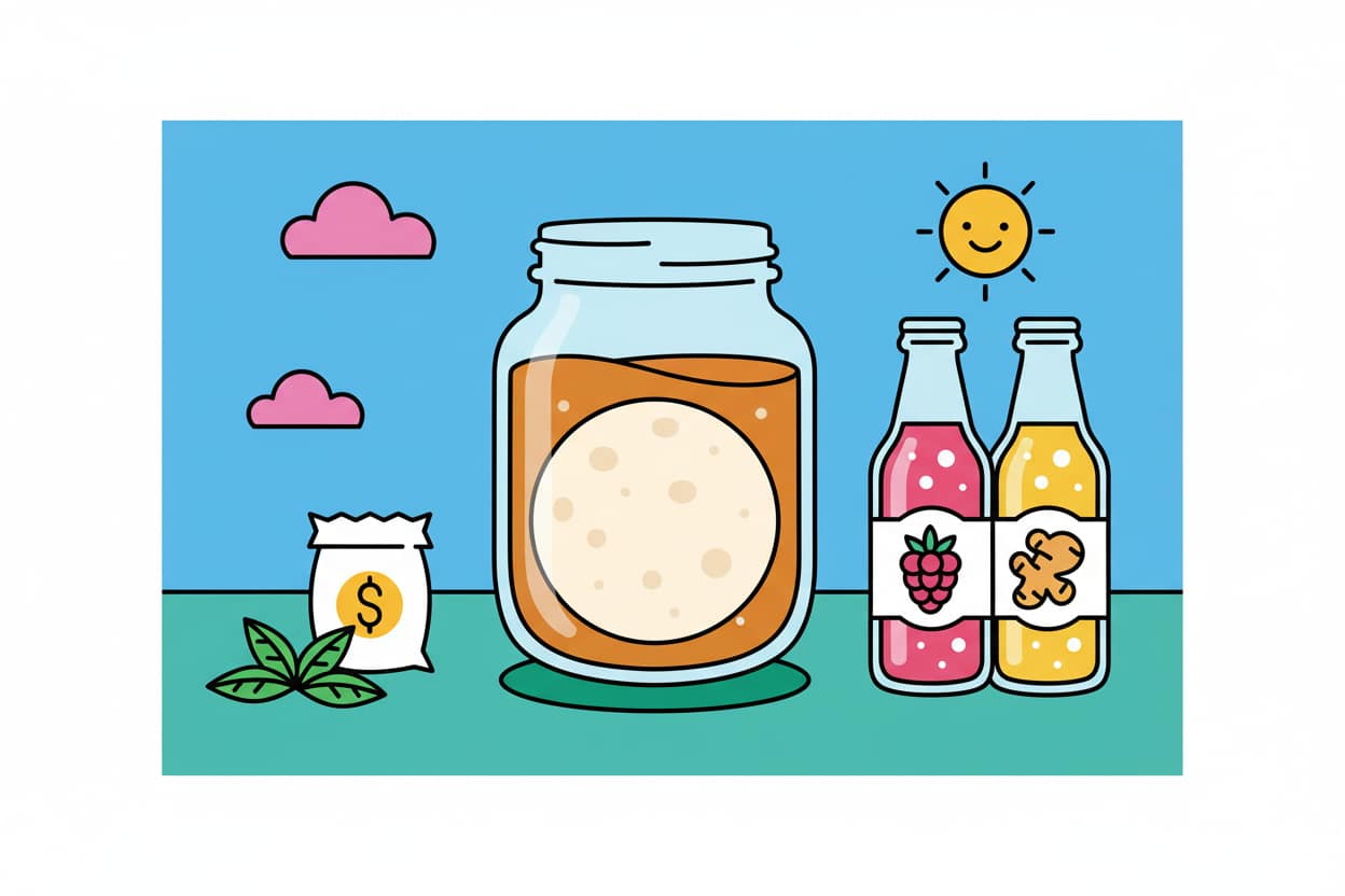 A colorful 2D flat vector illustration showing the simple stages of making kombucha, including tea leaves, a SCOBY in a jar, and finished bottles of kombucha.