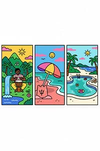 featured-2921-1769457122.png A flat vector illustration comparing three Caribbean islands: Jamaica with mountains and music, Barbados with a luxury beach, and the Dominican Republic with a resort pool.