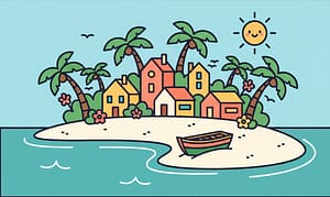 A colorful cartoon illustration of a quiet secret beach village with palm trees and a fishing boat, representing slow coastal life without crowds.