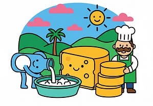 featured-2991-1770204008.png A colorful flat vector illustration depicting the artisanal cheesemaking process, showing milk transforming into curds and then into a wheel of cheese.