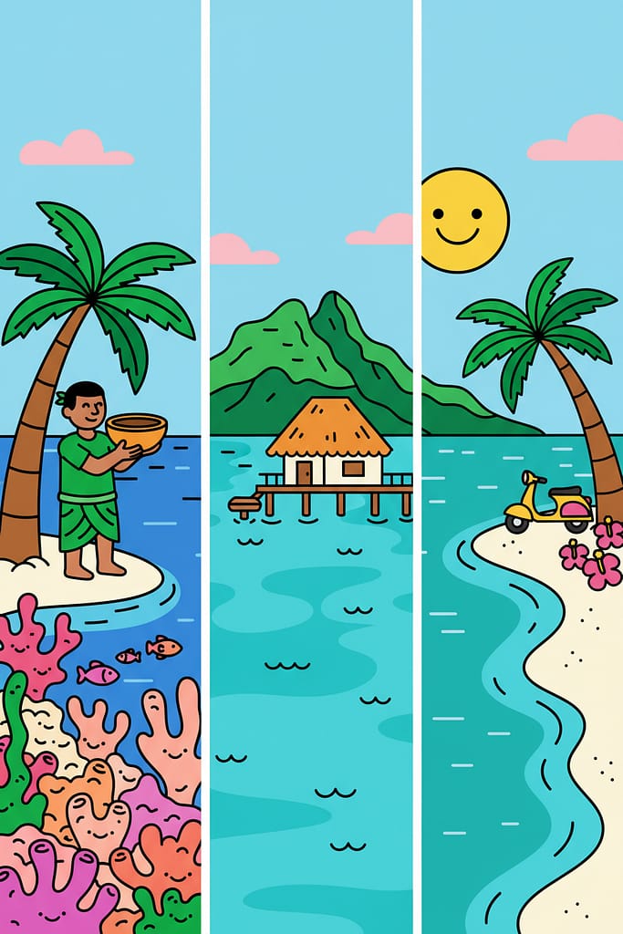 A comparison illustration of Fiji with its culture and coral, Bora Bora with its overwater bungalows, and the Cook Islands with its serene lagoons.