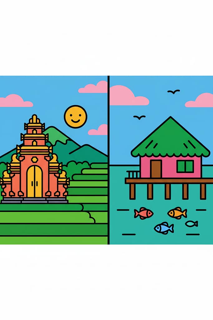 A split vector illustration comparing Bali, with its temples and rice terraces, to the Maldives, with its iconic overwater bungalows, to decide which is best.