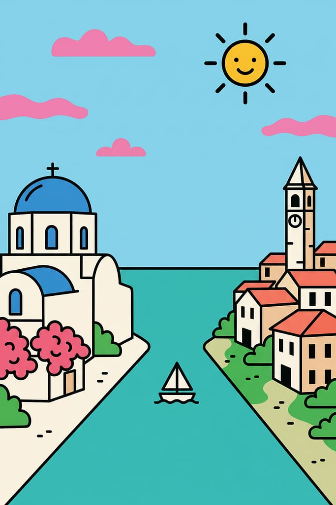 A split-screen illustration comparing a Greek island with white buildings and a Croatian town with terracotta roofs, representing a Mediterranean travel choice.
