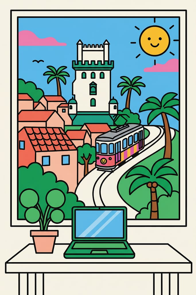 A colorful vector illustration of a digital nomad's view of Lisbon, Portugal, with a laptop, the Belém Tower, and a classic yellow tram.