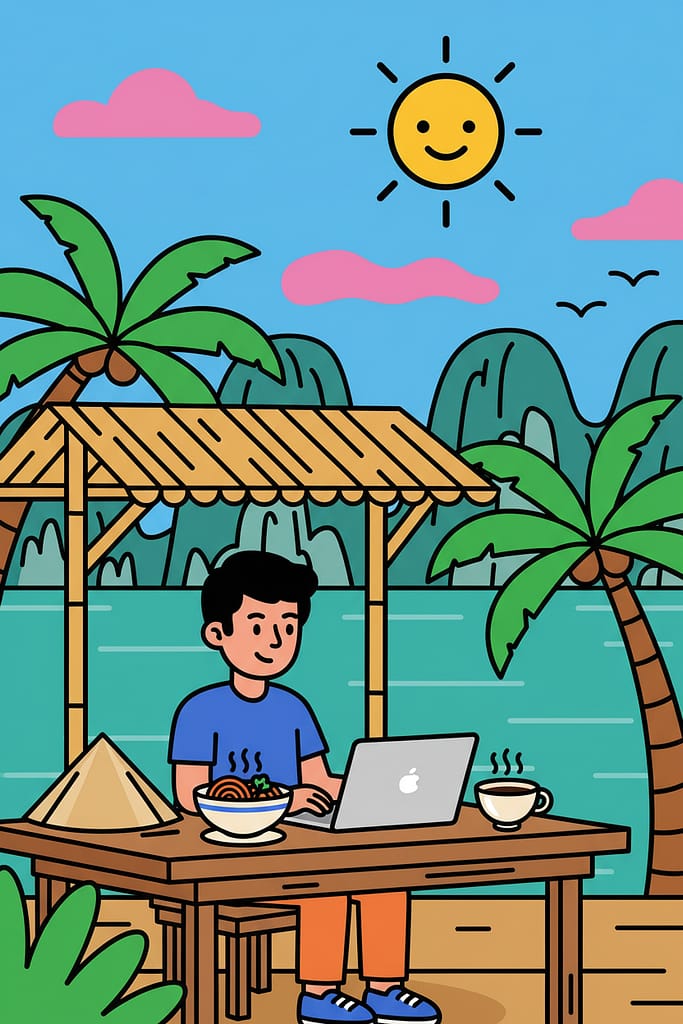 A flat vector illustration of a digital nomad working on a laptop in a Vietnamese cafe with pho and Ha Long Bay in the background.