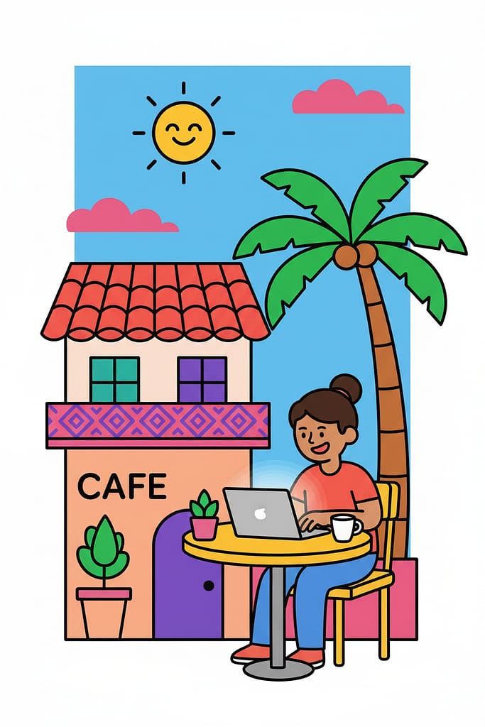A flat vector illustration of a digital nomad working on a laptop in a Spanish city, with colorful buildings and a palm tree in the background.