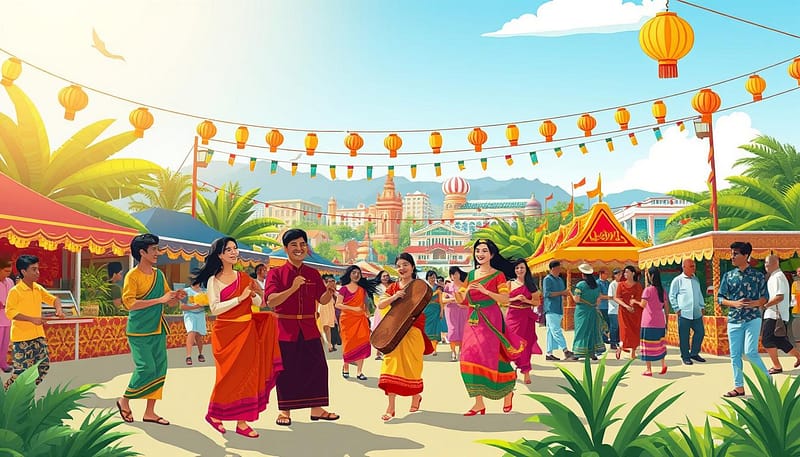 A vibrant cultural festival celebration featuring diverse participants in traditional attire, joyfully engaging in various activities. In the foreground, a group of men and women, dressed in colorful, modest cultural clothing, dance happily with decorative hand-made instruments. The middle ground showcases beautifully adorned stalls with local crafts and festive decorations, surrounded by lush tropical flora. The background depicts a festive cityscape, with flags and lanterns waving in a gentle breeze under a clear blue sky. The lighting is bright and cheerful, highlighting the vivid colors of the scene. Capture the warmth, joy, and unity of this iconic festival, emphasizing the essence of cultural heritage and community festivities without shadows or gradients, and in a flat, bold cartoon outlined travel style. A vibrant cultural festival celebration featuring diverse participants in traditional attire, joyfully engaging in various activities. In the foreground, a group of men and women, dressed in colorful, modest cultural clothing, dance happily with decorative hand-made instruments. The middle ground showcases beautifully adorned stalls with local crafts and festive decorations, surrounded by lush tropical flora. The background depicts a festive cityscape, with flags and lanterns waving in a gentle breeze under a clear blue sky. The lighting is bright and cheerful, highlighting the vivid colors of the scene. Capture the warmth, joy, and unity of this iconic festival, emphasizing the essence of cultural heritage and community festivities without shadows or gradients, and in a flat, bold cartoon outlined travel style.