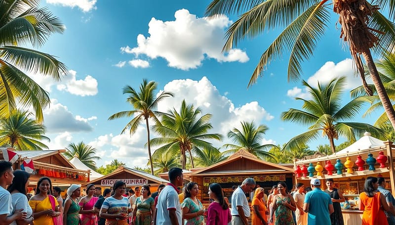 A vibrant outdoor festival scene celebrating authentic cultural traditions. In the foreground, groups of people dressed in colorful, modest traditional attire, smiling and engaging in lively conversations. The middle ground showcases wooden festival stalls adorned with handmade crafts and delicious food options, inviting visitors to explore. In the background, lush tropical trees frame the scene under a bright blue sky with fluffy white clouds, creating a cheerful atmosphere. Soft, warm lighting simulates a sunny day, highlighting the vivid colors of the clothing and decorations. The composition captures the spirit of unity and joy found in global festival celebrations, inviting viewers to experience the richness of diverse cultures. A vibrant outdoor festival scene celebrating authentic cultural traditions. In the foreground, groups of people dressed in colorful, modest traditional attire, smiling and engaging in lively conversations. The middle ground showcases wooden festival stalls adorned with handmade crafts and delicious food options, inviting visitors to explore. In the background, lush tropical trees frame the scene under a bright blue sky with fluffy white clouds, creating a cheerful atmosphere. Soft, warm lighting simulates a sunny day, highlighting the vivid colors of the clothing and decorations. The composition captures the spirit of unity and joy found in global festival celebrations, inviting viewers to experience the richness of diverse cultures.