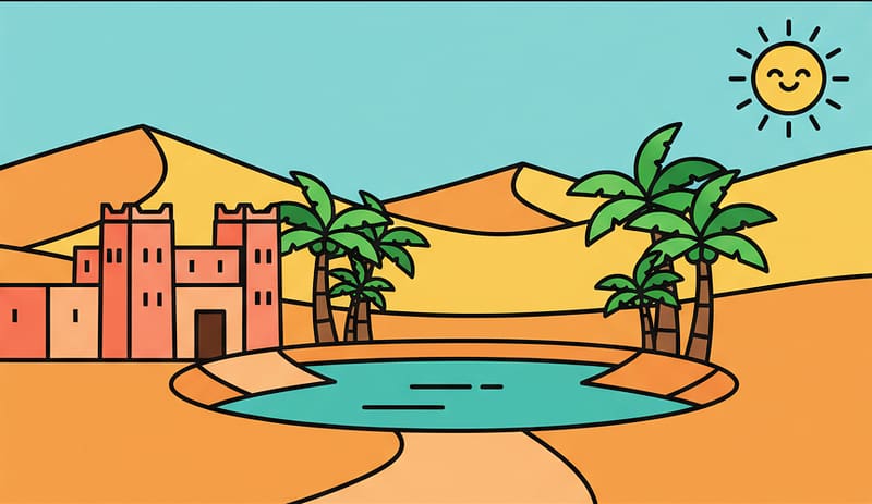 A vibrant 2D vector illustration of a hidden desert oasis village, showing a path leading to palm trees and ancient buildings under a smiling sun.