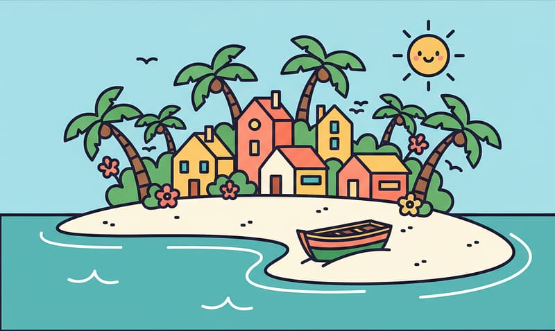 A colorful cartoon illustration of a quiet secret beach village with palm trees and a fishing boat, representing slow coastal life without crowds.