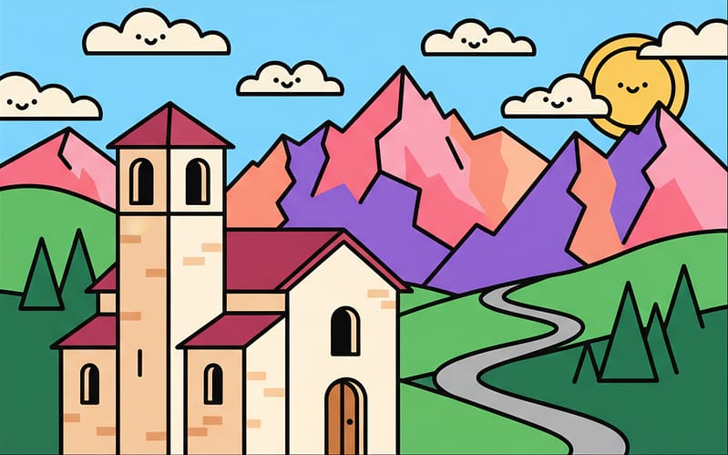 A 2D flat vector illustration of Andorra, showing a historic stone church in front of the green Pyrenees mountains under a blue sky.