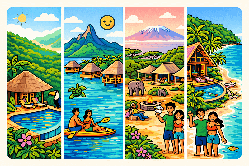 An illustration of luxurious regenerative travel, showing a mountain landscape with a modern cabin, lush nature, and a river