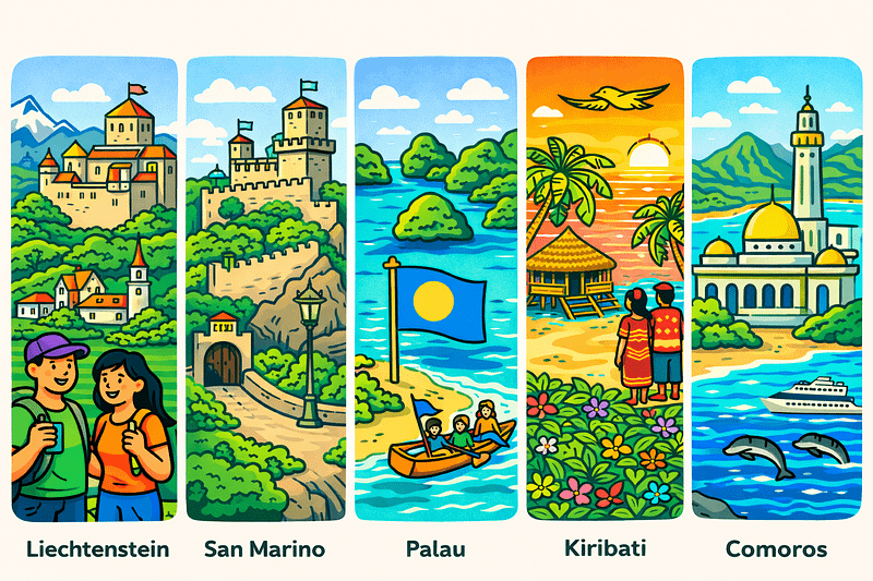 A colorful image showing 5 secret micro-nations to visit, including European castles and tropical islands, to avoid tourist traps.