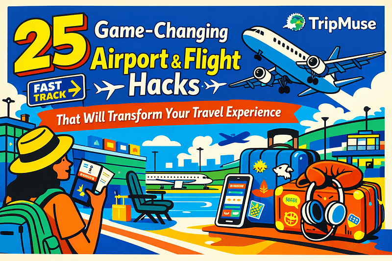 Flat comic-style illustration of an airport scene with a traveler, airplane, luggage, and travel apps representing airport and flight hacks.