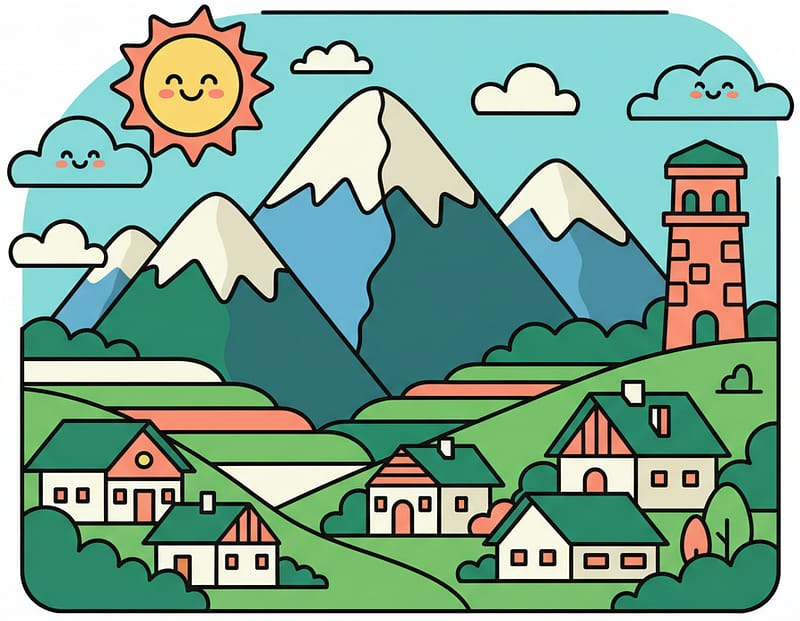A flat vector illustration of hidden mountain villages from around the world, including the Alps, Andes, and Himalayas.