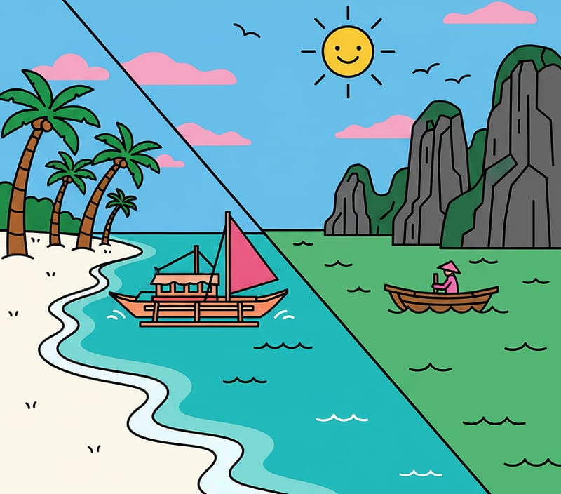 A vibrant comparison illustration showing a a beautiful Philippine beach on one side and the iconic limestone karsts of Vietnam on the other.