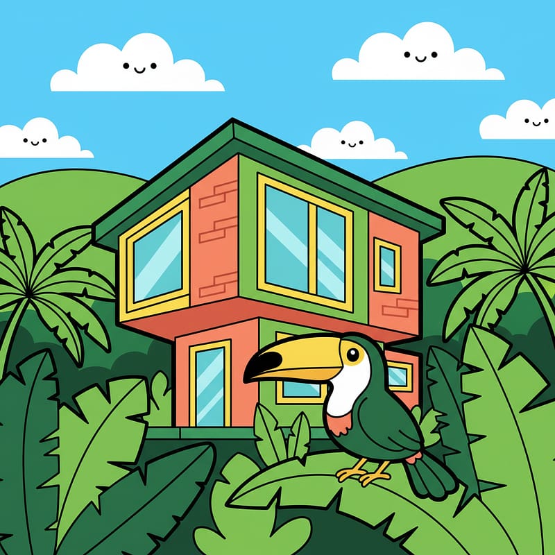 A 2D flat vector illustration of a modern eco-lodge in a lush green jungle, embodying the concept of eco-luxury travel.