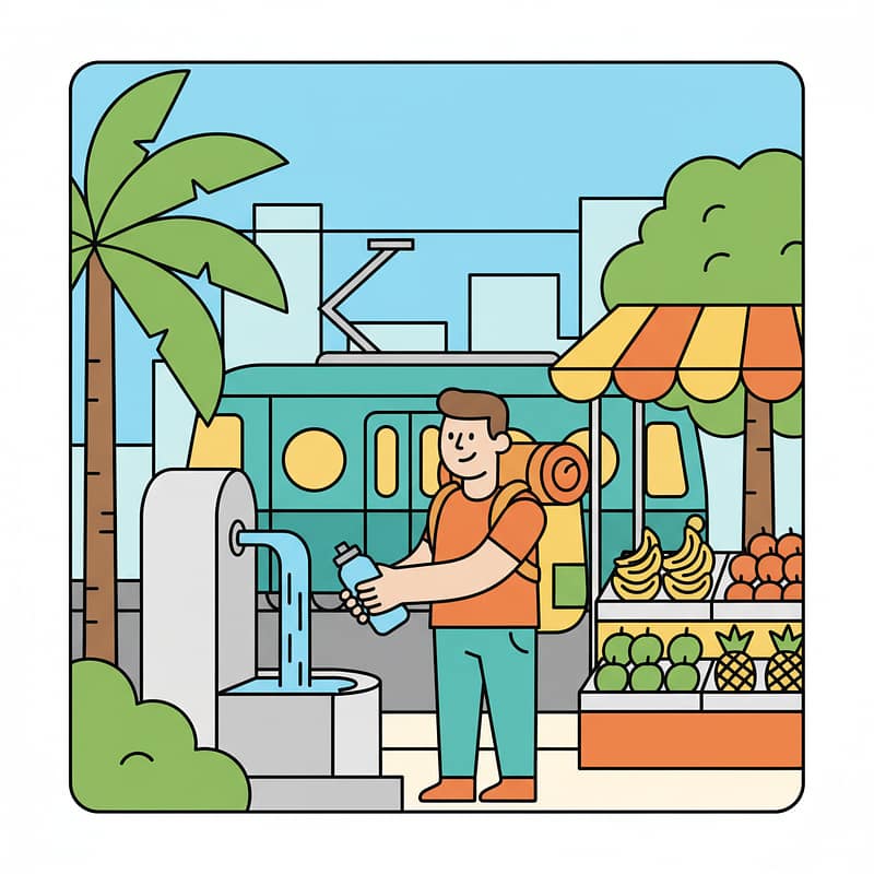 A vector illustration of a traveler happily engaging in sustainable travel by refilling a water bottle in a vibrant, eco-friendly city.