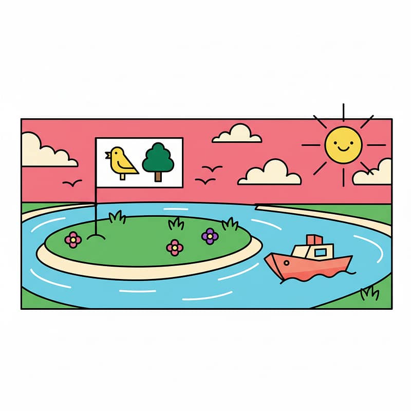 A flat vector illustration showing the micronation of Liberland on the Danube river, with a flag and a boat, in a cheerful, tropical style.