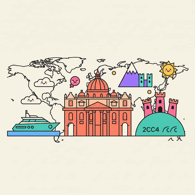 A colorful vector illustration showing a map with icons representing small nations like Monaco, Vatican City, and San Marino.