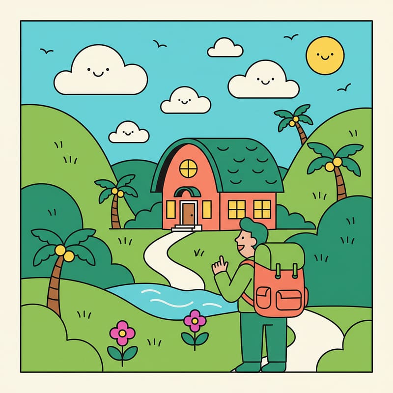 A 2D vector illustration of a backpacker looking at a charming village guesthouse in a green valley, representing luxury travel on a budget.